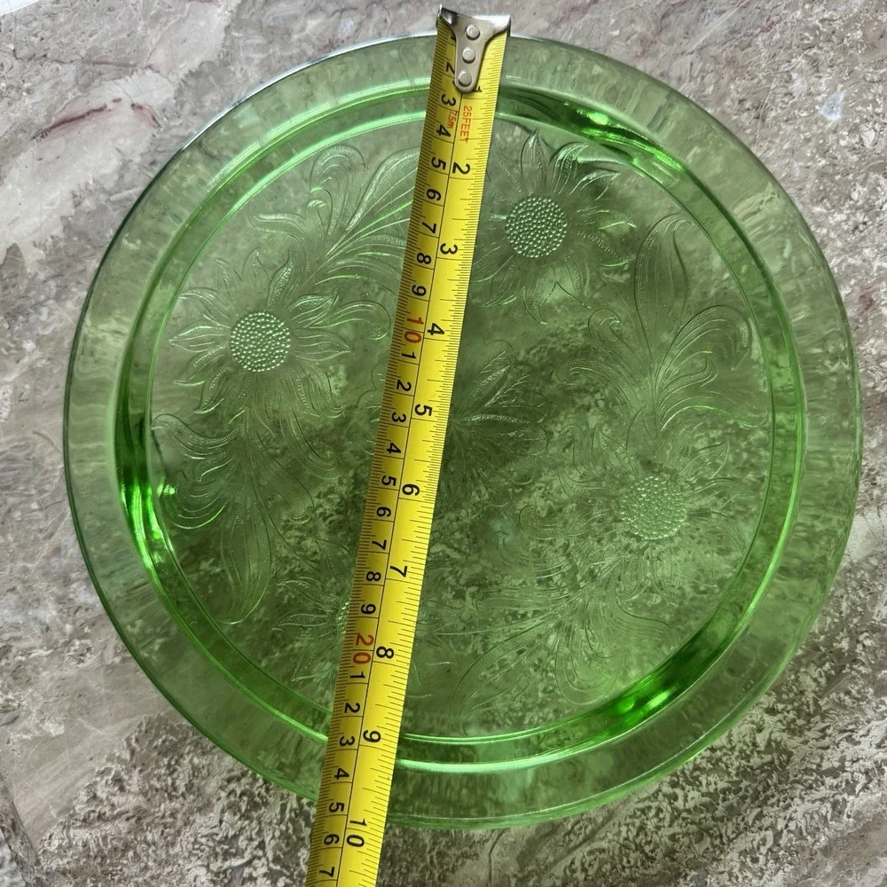 Jeanette Uranium Glass Sunflower Cake Plate Green Depression Stand Daisy Footed